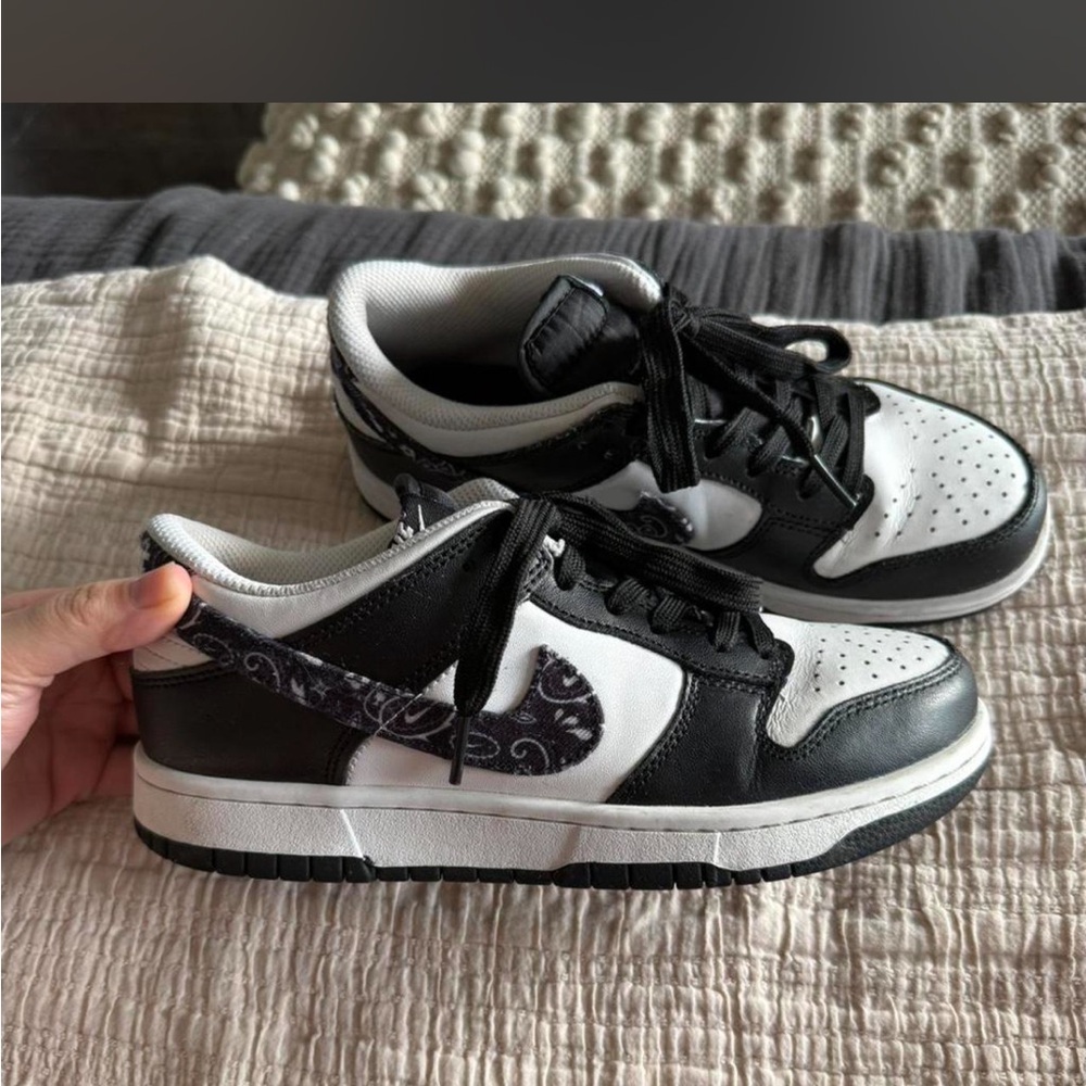 Black & White Low Top Sneakers with Paisley Swoosh